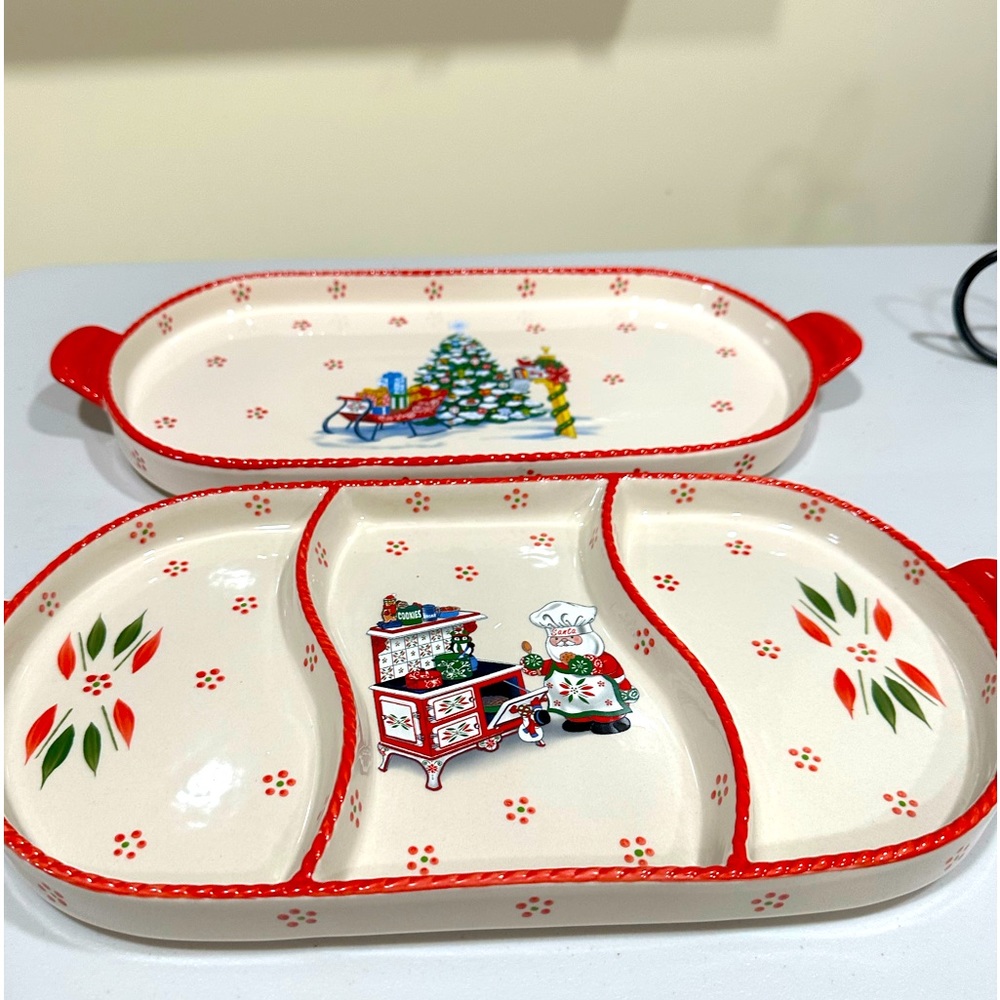 Temptations Old World Pattern Christmas Tree Sleigh Serving Tray Rectangle (2 )